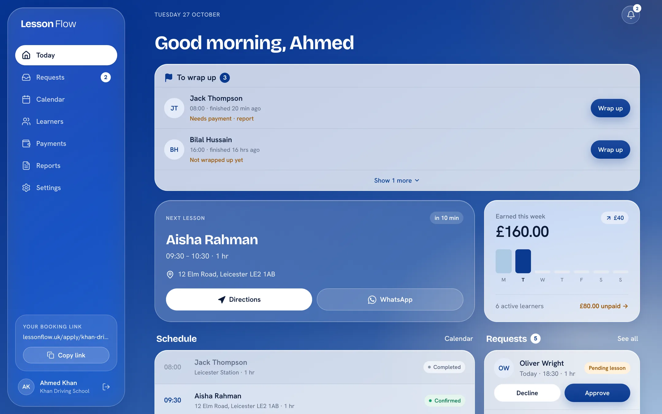 The Lesson Flow dashboard: next lesson, lessons to wrap up, this week’s earnings and lesson requests